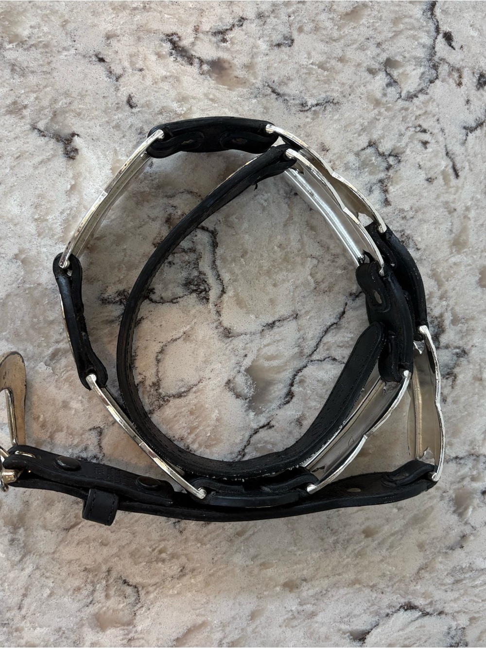 Women's Black Leather Link Belt with Silver-Tone Hardware